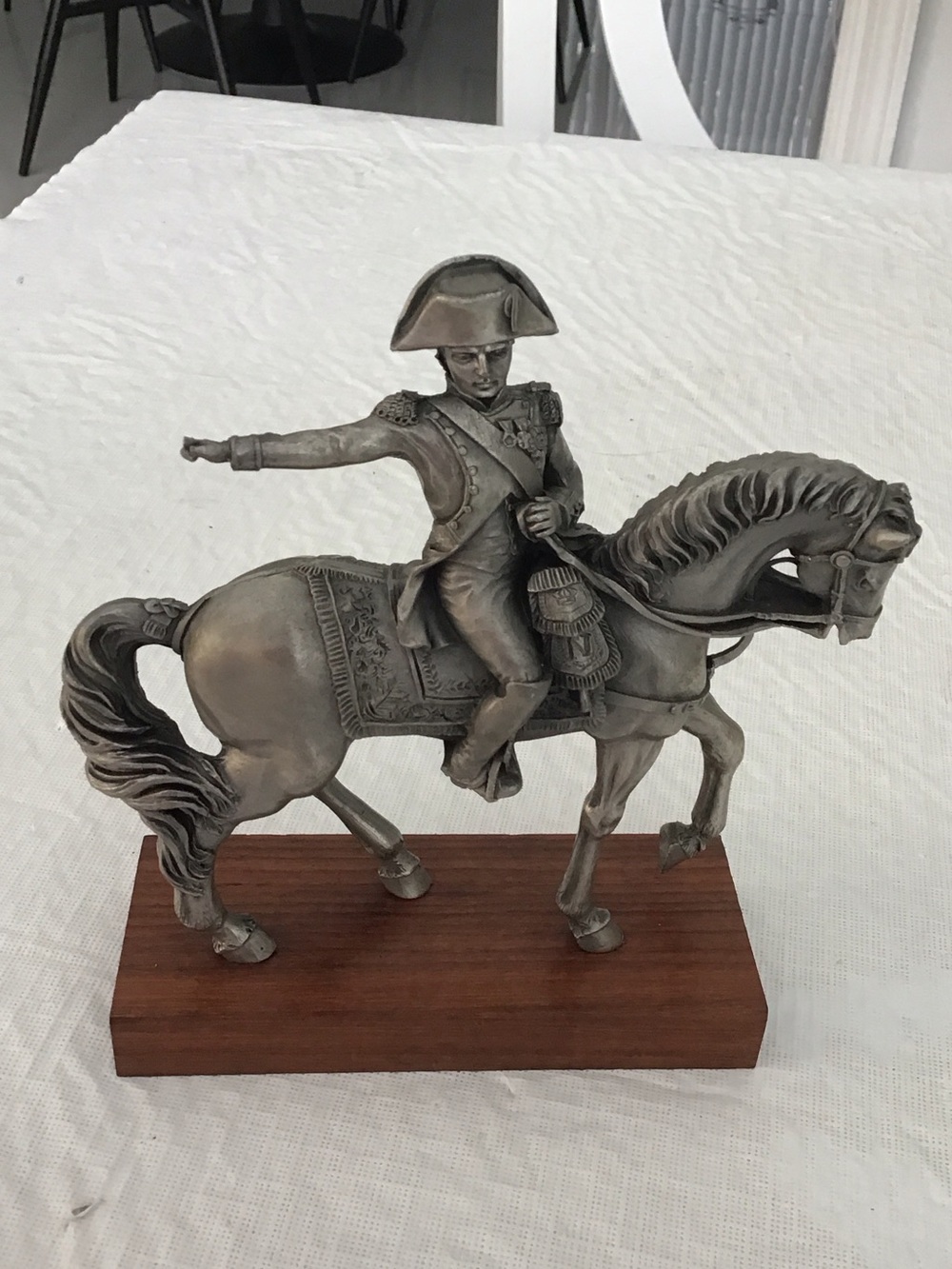 Vintage Silver-Tone Metal Napoleon Statue on Wood Base  #82
